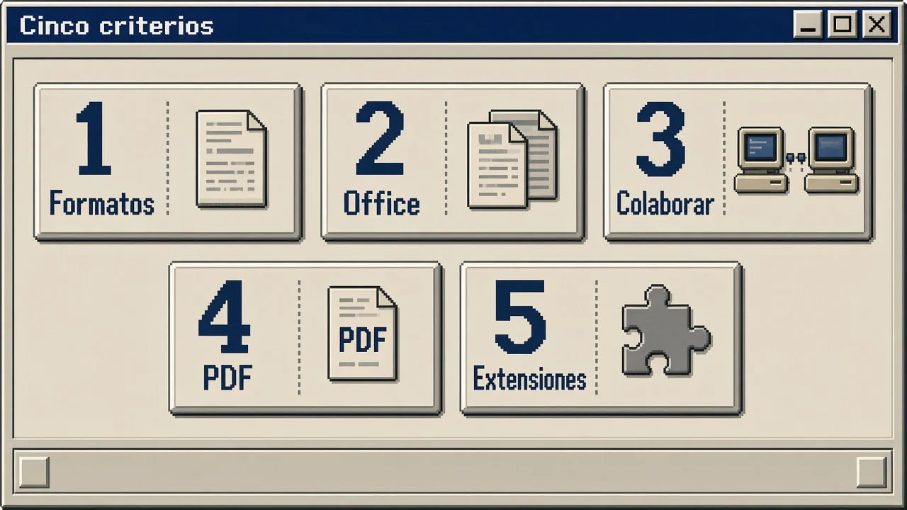 Diagrama CDE con cinco criterios para elegir suite ofimática: formatos, Office, colaborar, PDF y extensiones