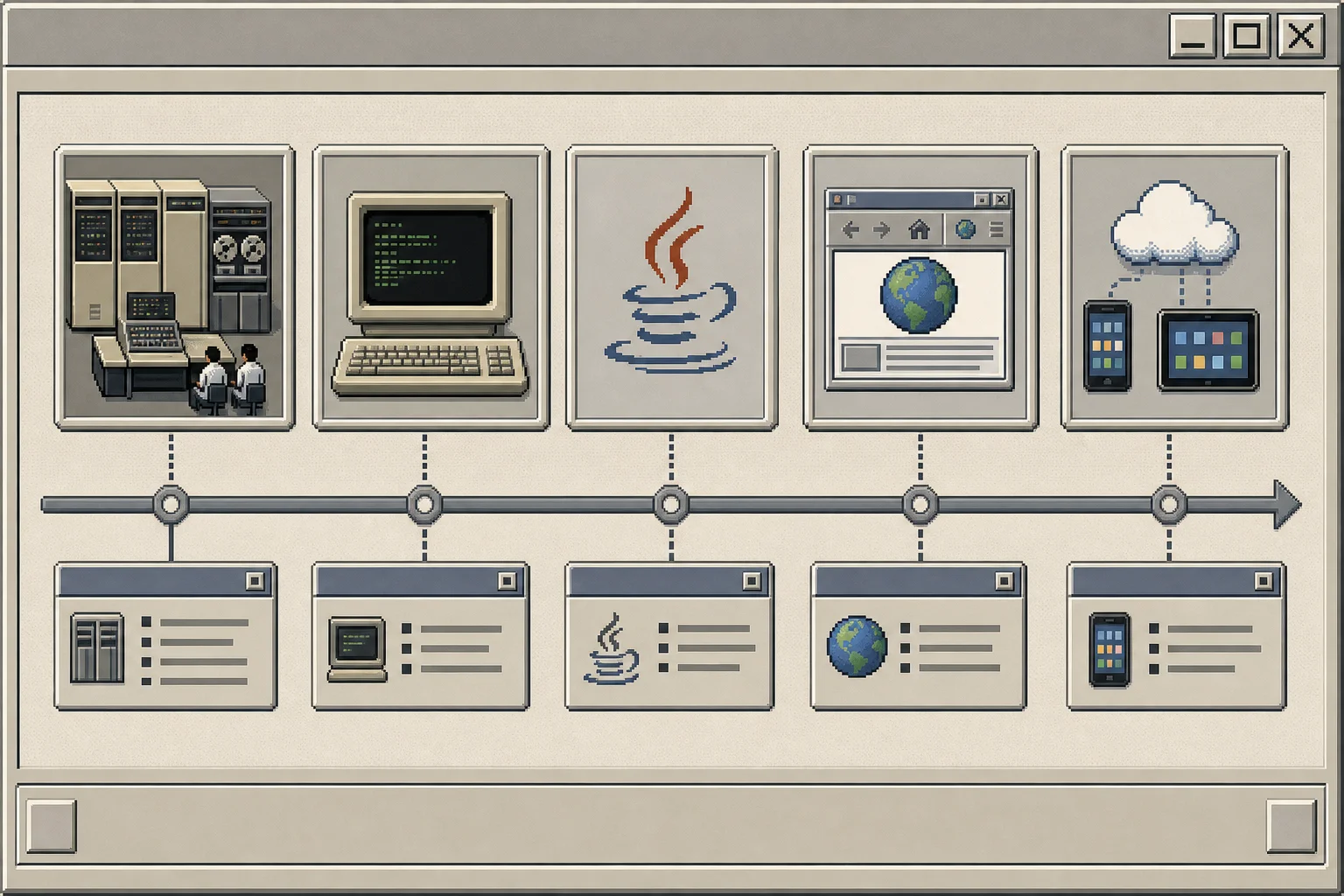 Línea temporal ilustrada: mainframe, UNIX, Java, web y nube como hitos del software portable