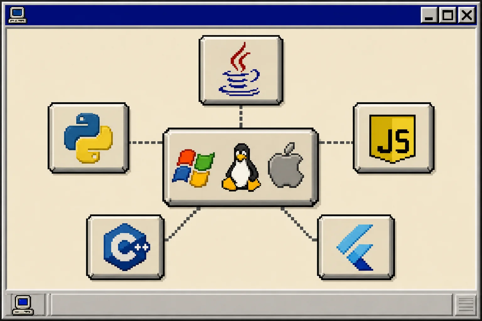 Diagrama de ecosistema: Java, Python, JavaScript, C++ con Qt y Flutter alrededor de un núcleo multiplataforma
