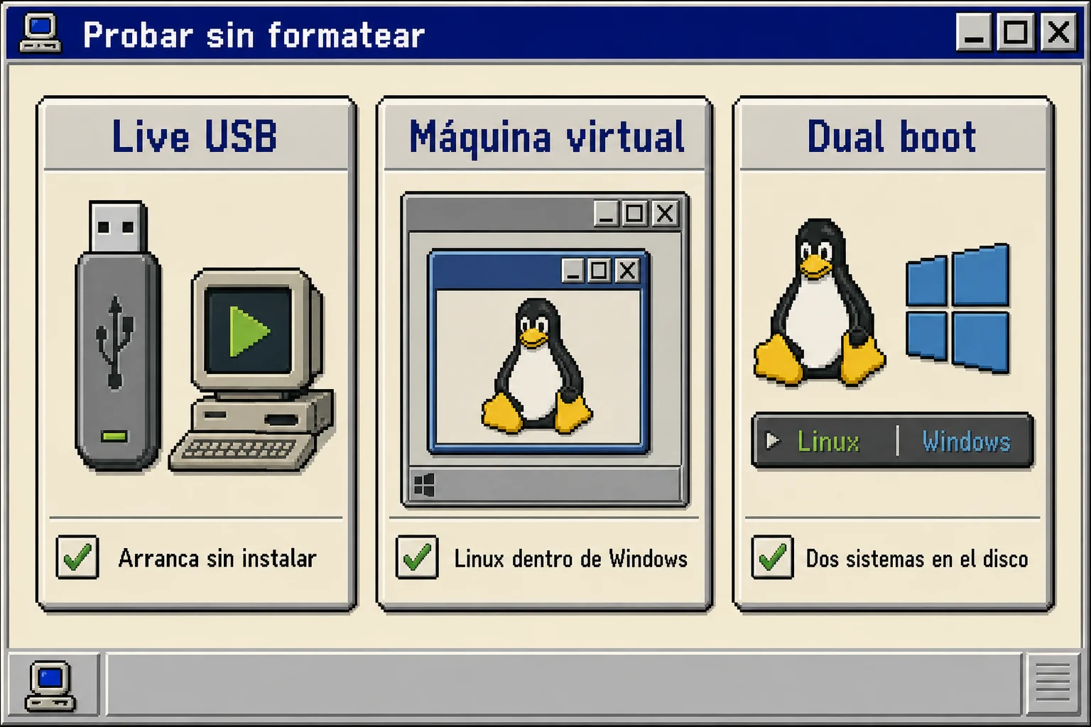 Tres vías en estilo CDE para probar GNU/Linux: Live USB, máquina virtual y dual boot